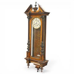 Late 19th century Vienna regulator wall clock with 19cm dial in walnut case with broken arch pediment and brass weights H128cm 