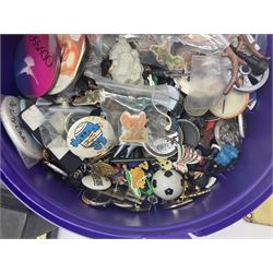 Collection of enamel and collectable badges, costume jewellery, postcards and eight scooter related tin signs, etc