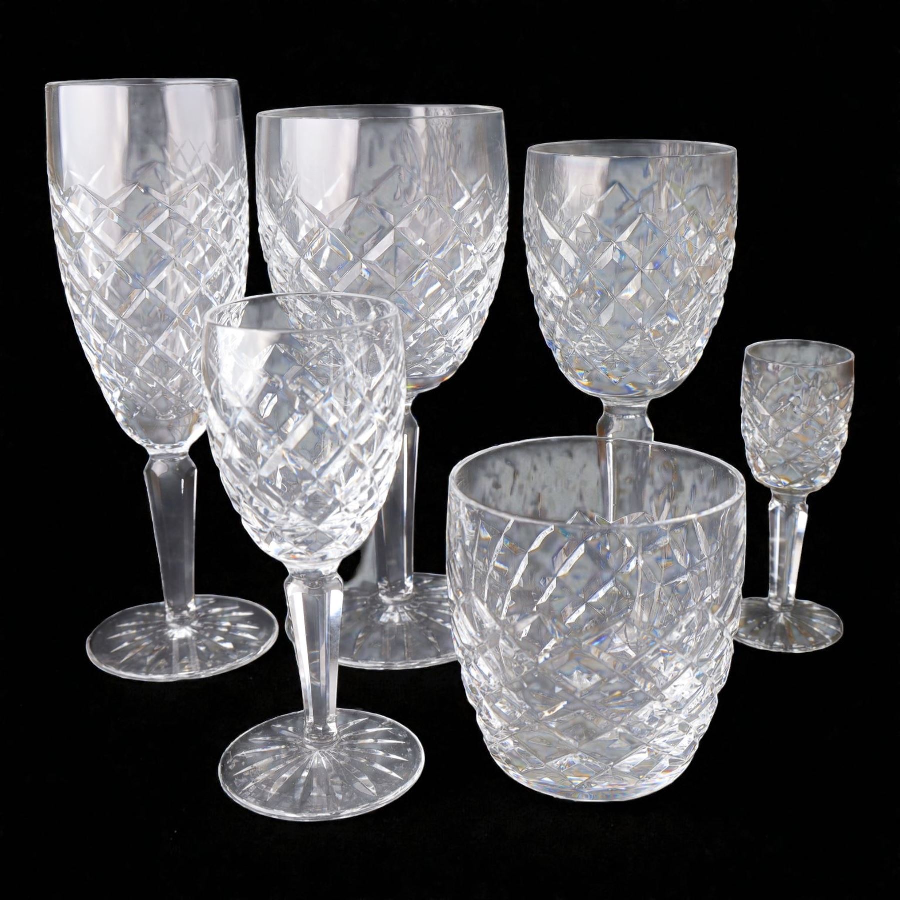 Waterford Crystal drinking glasses for six setting, in Comeragh pattern, including champagne, wine glass, sherry glasses, etc  