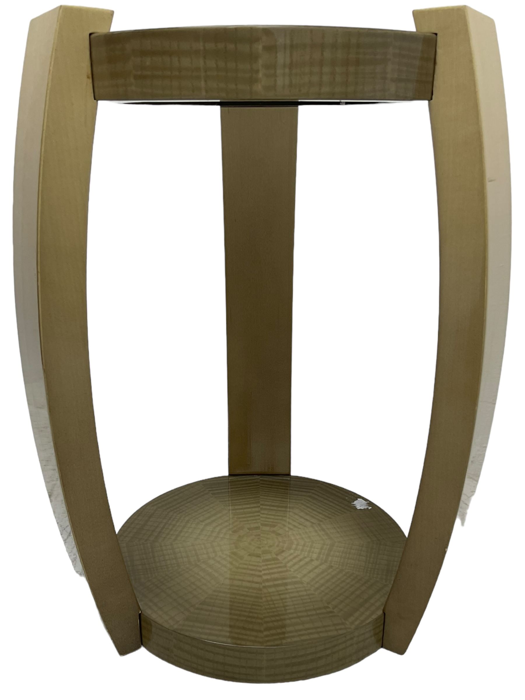 Sally Sirkin Lewis for J Robert Scott - 21st century 'Harlow' two-tier occasional table, circular sunburst veneer top on ombre curved supports, signed with initials 'SSL' and dated 2/11 in pen to base