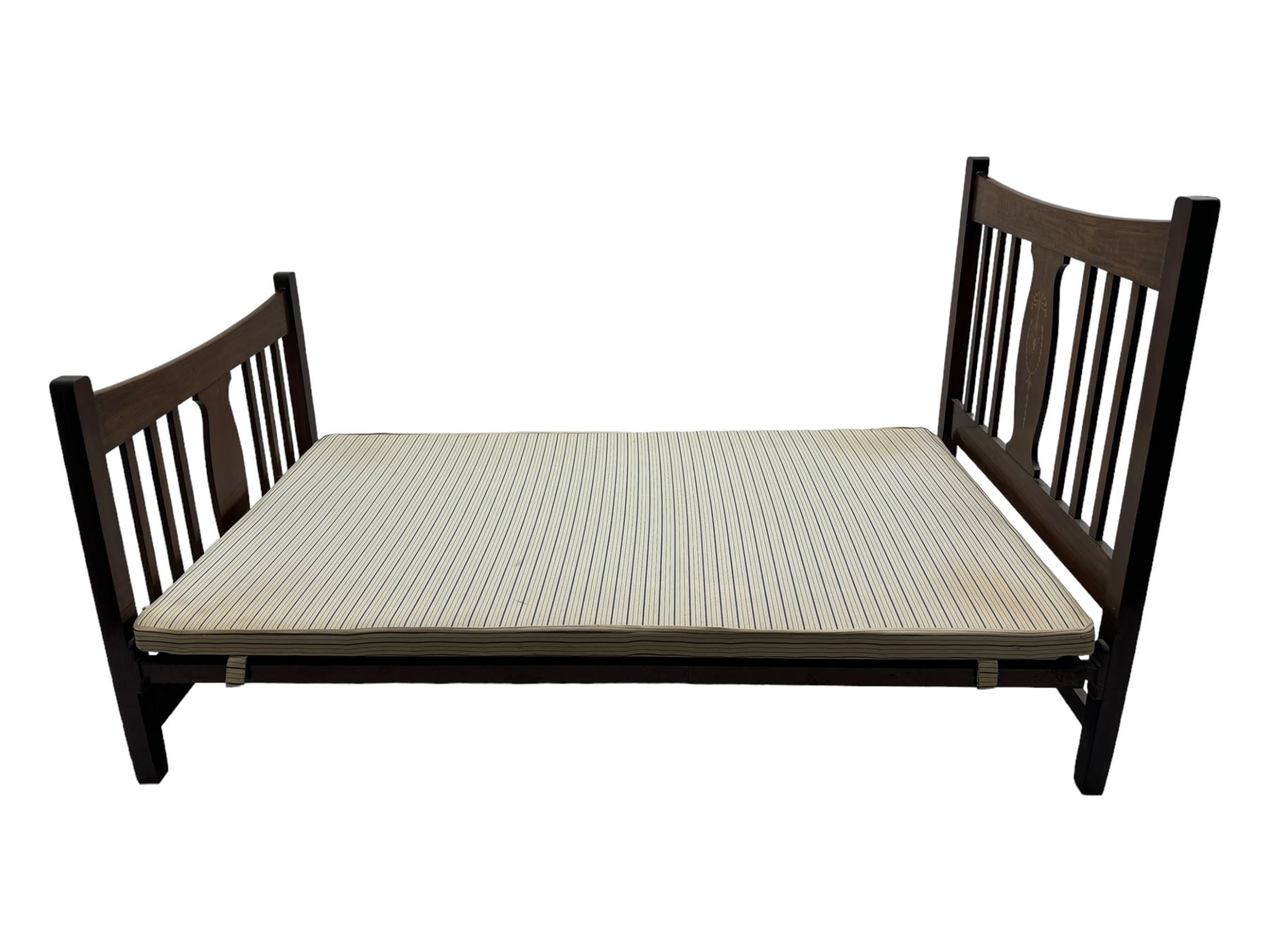 Edwardian inlaid mahogany 3' single bedstead, with headboard, footboard, wooden base and metal side supports; Giltedge 'Astrid 3000' pocket sprung mattress (L190cm, W104cm, D27cm)