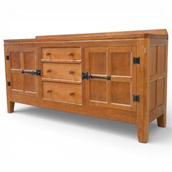 Rabbitman - oak sideboard adzed top with galleried top, with three graduating drawers to t...