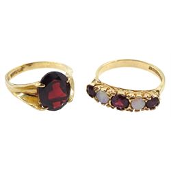 Gold opal and garnet ring ring and a gold single garnet ring, both hallmarked 9ct