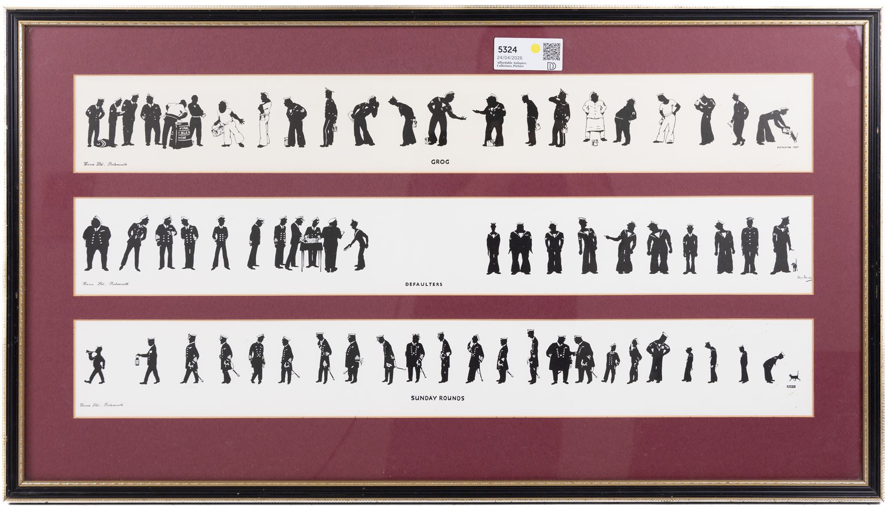 Commander A.M Hughes (British ?-1932); 'Grog' 'Defaulters' and 'Sunday Rounds', set of three silhouette lithographs framed as one, each 9cm x 68cm 
