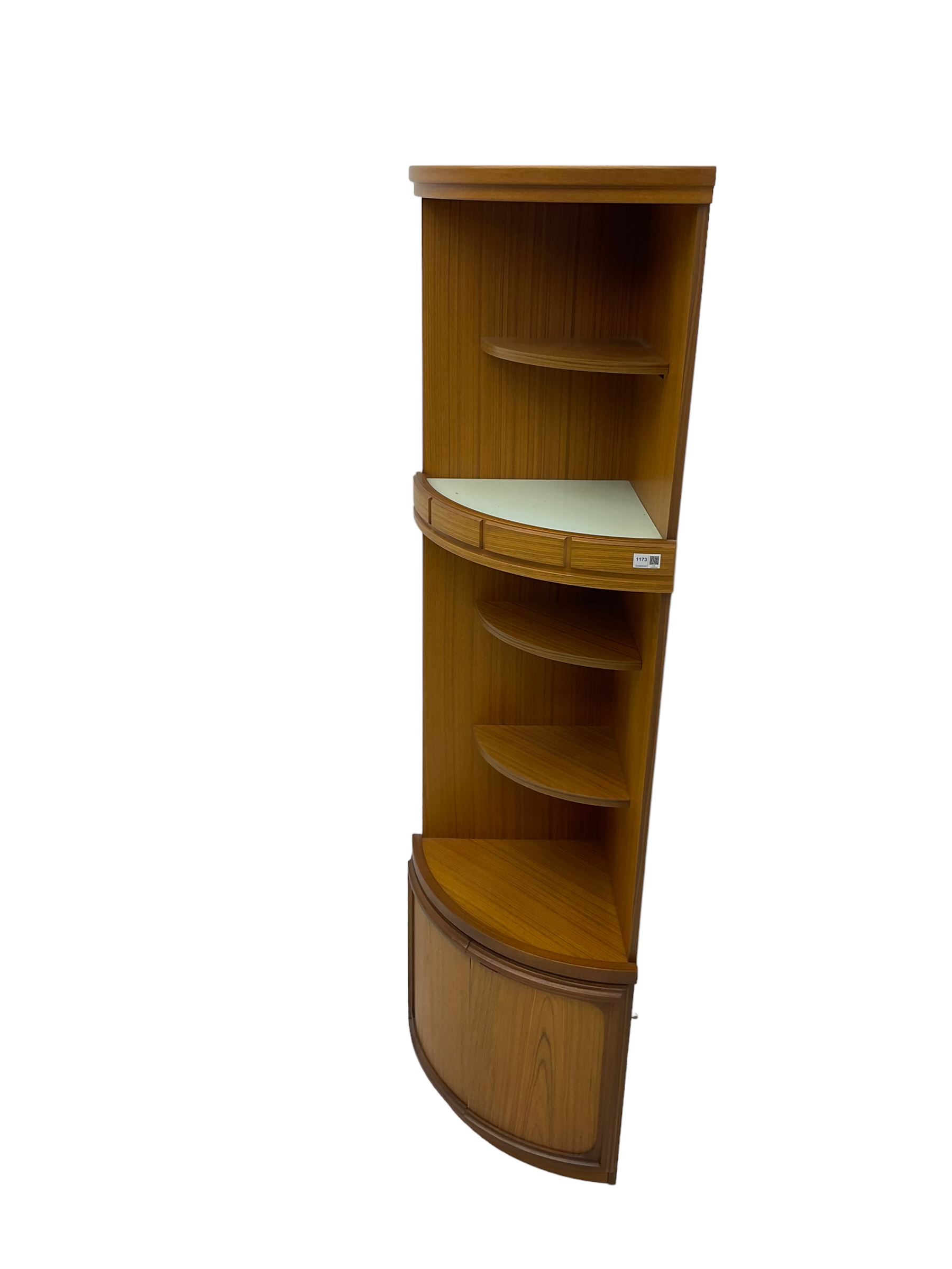 Beautility - mid-20th century teak corner unit, fitted with four shelves over double cupboard