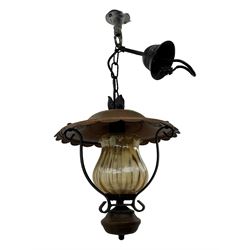 Collection of vintage and modern light fixtures, including copper pendant light, brass five-arm chandelier, hanging lantern and two small chandeliers with hanging faceted droplets (6)