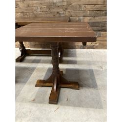 Single oak rectangular table on turned supports joined by a single stretcher (W110cm, D80cm, H75cm) and two similar square pedestal tables (W70cm, D70cm, H76cm) (3)