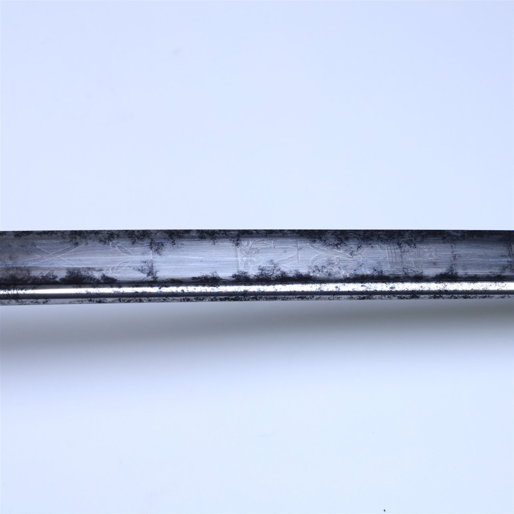 British William IV 1822 pattern Infantry General sword, retailed by John Salter cutler to Horatio Nelson and Prince Augustus Fredrick, Duke of Sussex, the 73cm curved pipe backed blade etched to both sides, with the royal monogram and the owners coat of arms and initials 'GD, brass gothic guard with original gilding, the cartouche of the crossed baton depicting the crossed baton and sword of a general, shagreen covered grip and triple wire binding, the guard complete with leather lining and gilt sword knot, in leather scabbard with three gilt brass mounts, the top mount bearing the cutlers name and address, with twin suspension rings, overall L89cm  