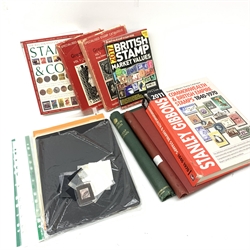Stamp reference books including 'Commonwealth & British Stamps 1840-1970' 2001, various stock cards, two empty stamp folders etc, in one box