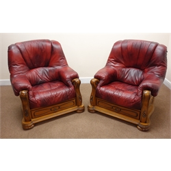  Italian red leather beach framed three seat sofa (W205cm) and two matching armchairs (W92cm)  