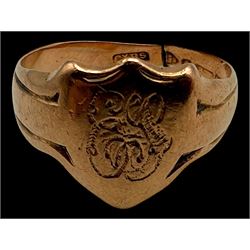 9ct rose gold shield shaped signet ring engraved with initials, hallmarked 