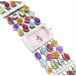 Corum Potpourri ladies stainless steel multi gemstone set quartz wristwatch, Ref. 137.520.47, serial No. 1710972, pink mother of pearl dial, diamond set bezel, on a multi gemstone set bracelet