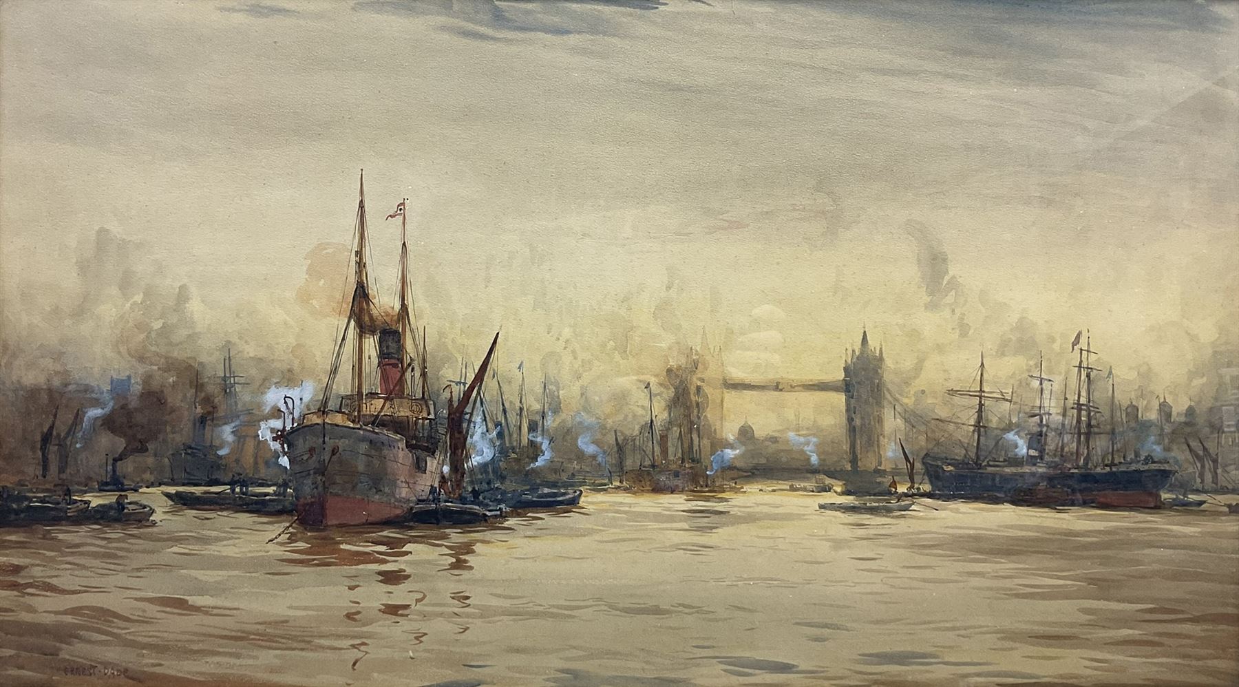Ernest Dade (Staithes Group 1868-1934): The Pool of London and Tower Bridge, watercolour signed 45cm x 82cm