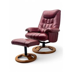 Contemporary burgundy leather reclining armchair and footstool, featuring segmented uphols...
