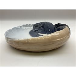 Pair of Royal Copenhagen bowls modelled as baskets and mounted with lobsters, model no 3498 and 3277, with painted and printed marks beneath, largest D19cm