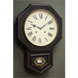  Late 19th century American Ansonia Clock Co. wall clock with circular painted Roman dial above glazed door, twin train movement striking the hours on a coil, with key and pendulum, H61cm, W43cm  
