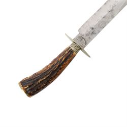 Unwin & Rodgers horn handle Bowie knife with leather scabbard, L33cm  