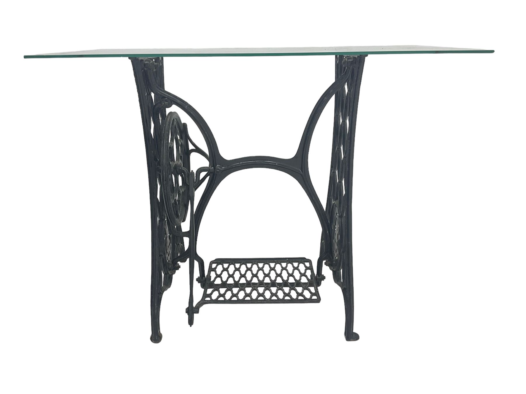 Singer - early 20th century cast iron sewing machine table, with rectangular glass top
