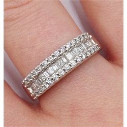 White gold princess cut and round brilliant cut diamond, three row half eternity ring, stamped 14K