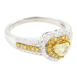 18ct white gold diamond heart cluster ring, principal heart cut fancy yellow diamond of approx 0.25 carat, surrounded by two halos of fancy yellow and white diamonds and split diamond set shoulders, Birmingham 2008, total diamond weight approx 0.50 carat