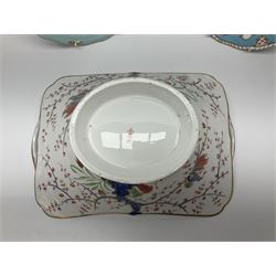 19th century Royal Crown Derby in cherry tree pattern, twin handled sauce dish and saucer and twin handled dish, together with three Royal Crown Derby plates, including one signed WEJ Dean