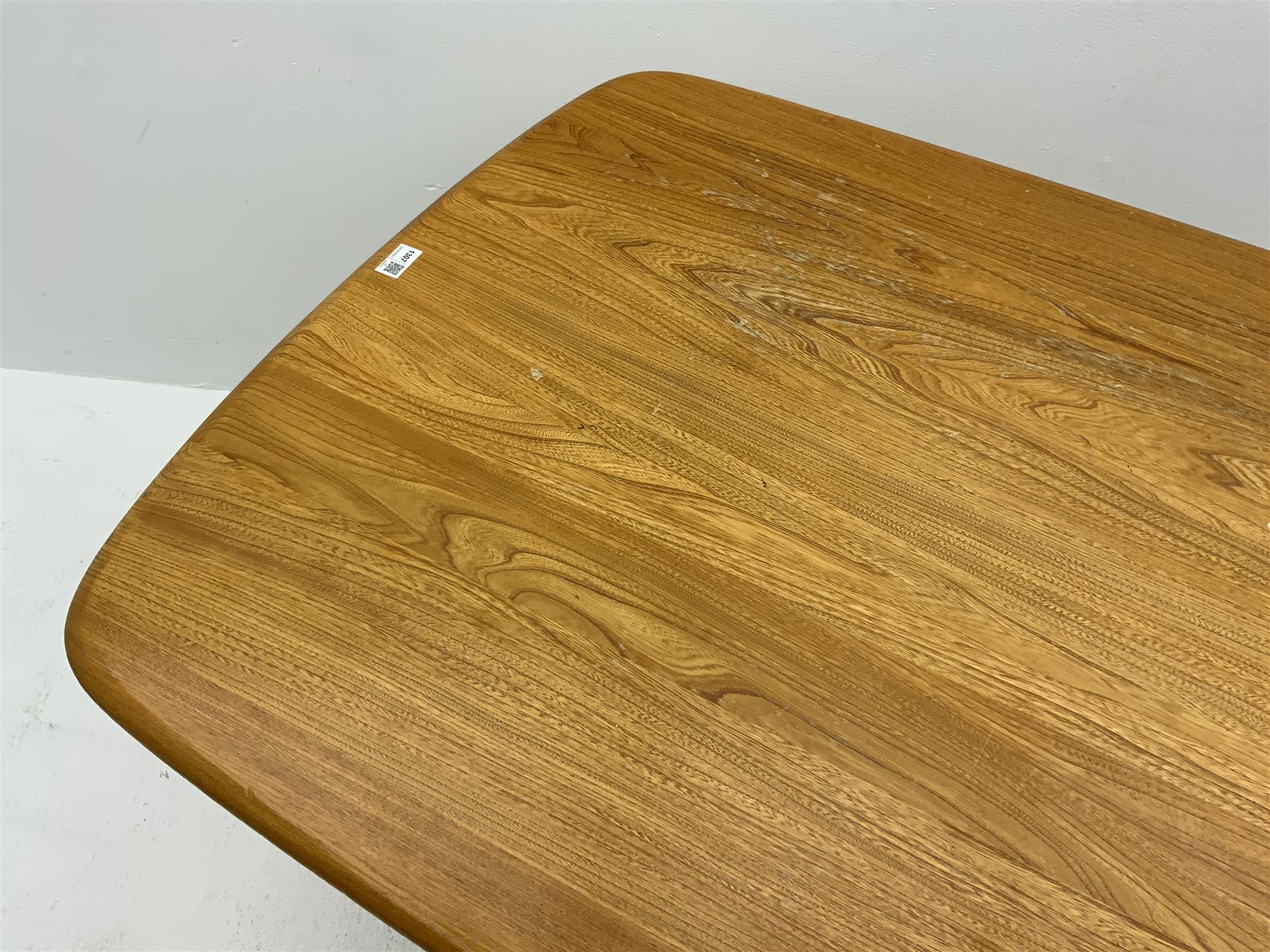 Ercol rectangular light elm dining table, rounded corners
