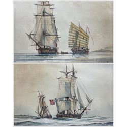 J Terry Culpan (British 20th century): 'Searching for Pirates' and 'Frigate Heaving to Meet Supply Ship', pair watercolours signed, titled verso 26cm x 37cm (2)