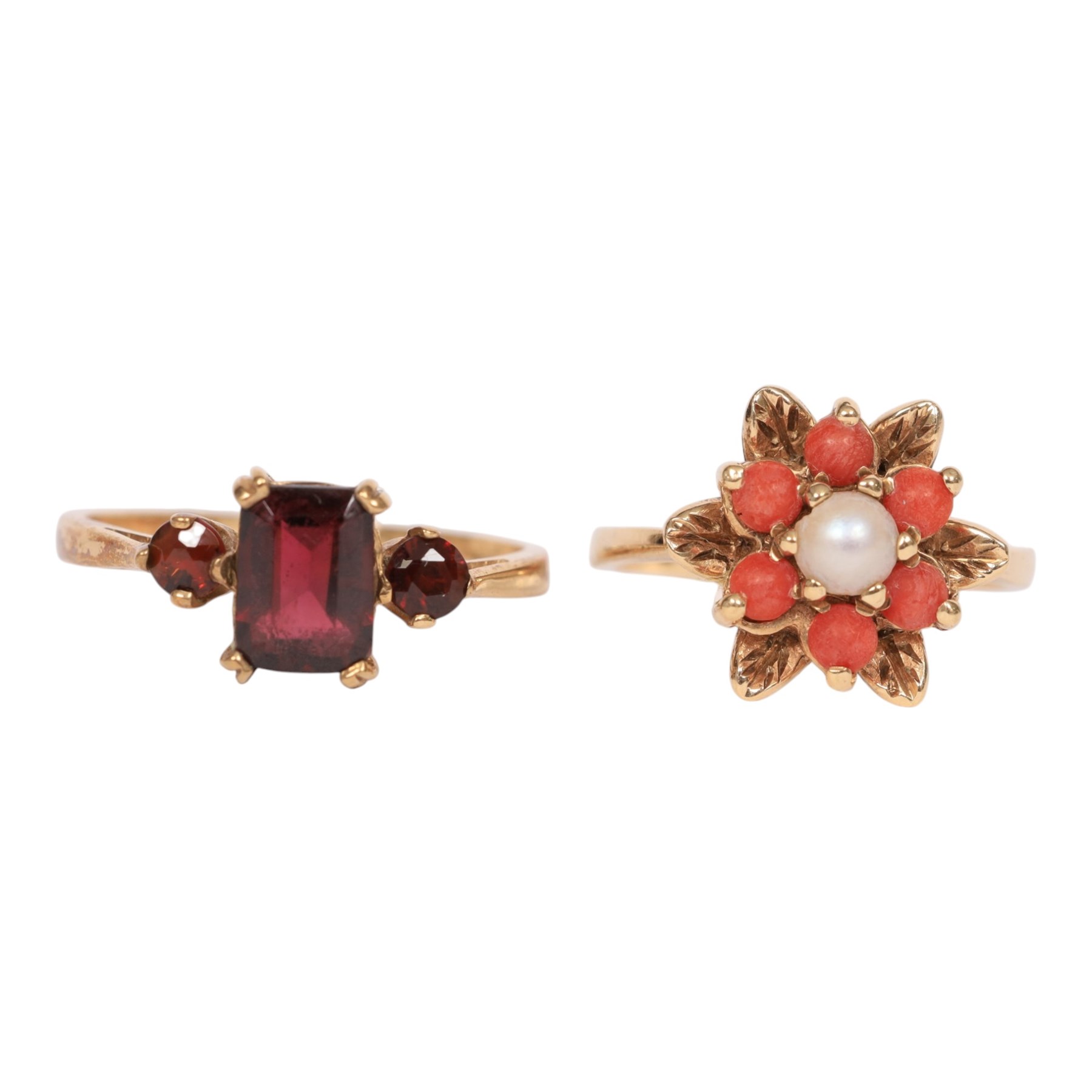 Gold coral and pearl ring and a gold three stone garnet ring, both hallmarked 9ct