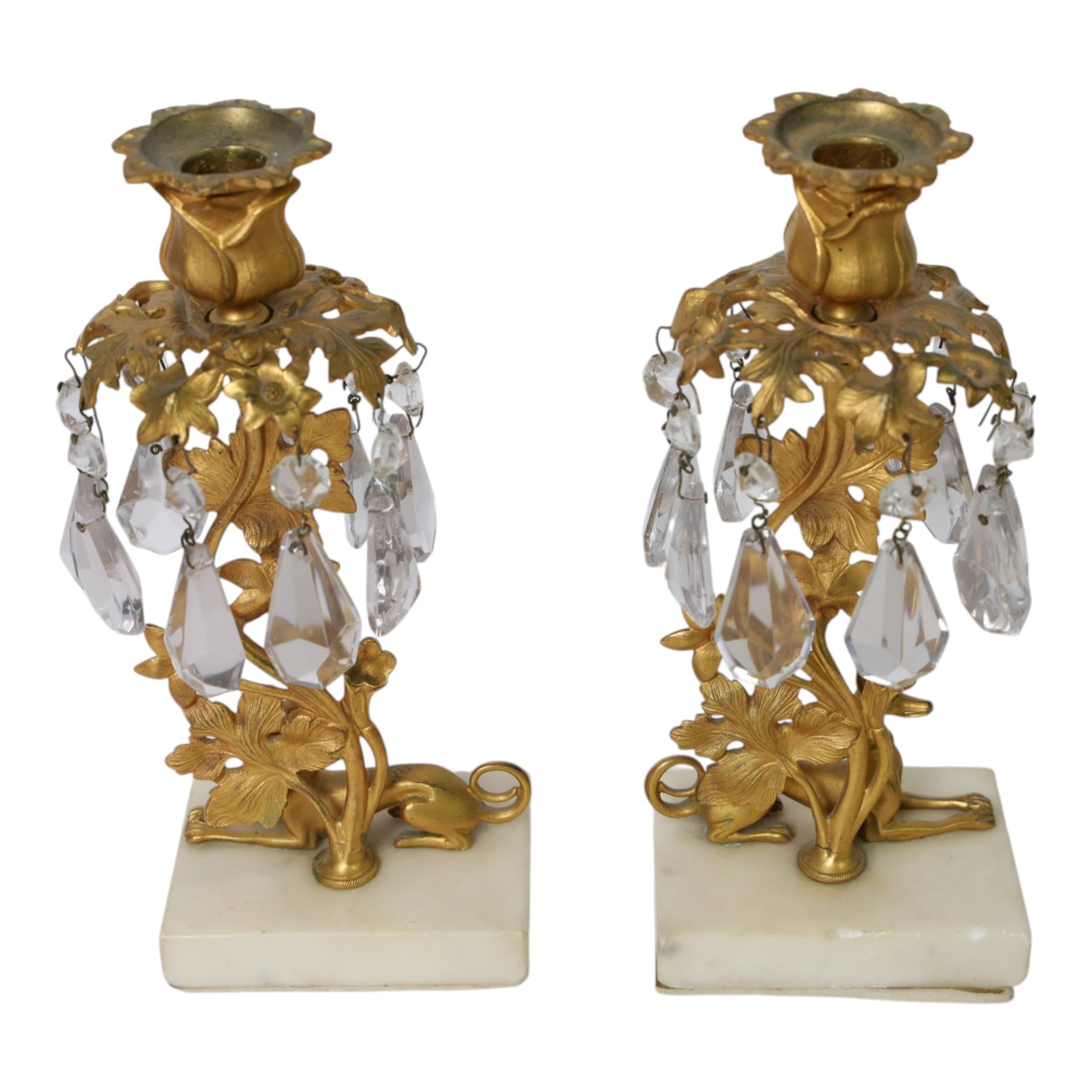 Pair 19th century gilt candle lustres, with recumbent grey hounds, below a leaf stem with flower bud sconce, H25cm