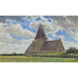 Neil Tyler (British 1945-): 'Hawsker Church', oil on board signed and titled, landscape sketch verso 29cm x 47cm