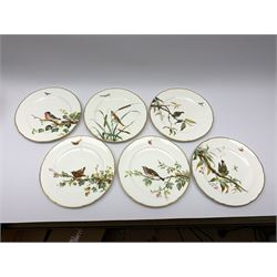 19th century Minton dessert service, comprising four comports, one tazza, and twelve plates, each hand painted with birds perched upon branches, and further detailed with insects and heightened in gilt, with printed retailers mark beneath for John Mortlock Oxford Street London, and impressed Minton mark to most, comport H13.5cm, plates D23.5cm. 
