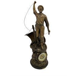 An imposing bronzed spelter clock depicting a 19th century  fisherman, on a circular ebonised base with a plaque entitled “Cod Fishing” with a Parisian eight-day striking movement striking the hours and half-hours on a coiled gong, two-part dial with a gilt centre, ivorine chapter inscribed with upright gothic Arabic numerals and minute markers, with steel gothic hands within a brass bezel and flat bevelled glass. With pendulum.   




