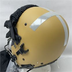 Mk.4 Flight Helmet, as used by RAF and Civilian helicopter pilots; in RAF sand colour (desert use),  fitted with cloth visor cover and working boom mike; has had a complete refit and is bench tested.