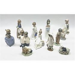 A group of assorted Nao figures, to include example modelled as girl a puppy, another similar example, girl with basket, girl with umbrella, boy with football, etc.