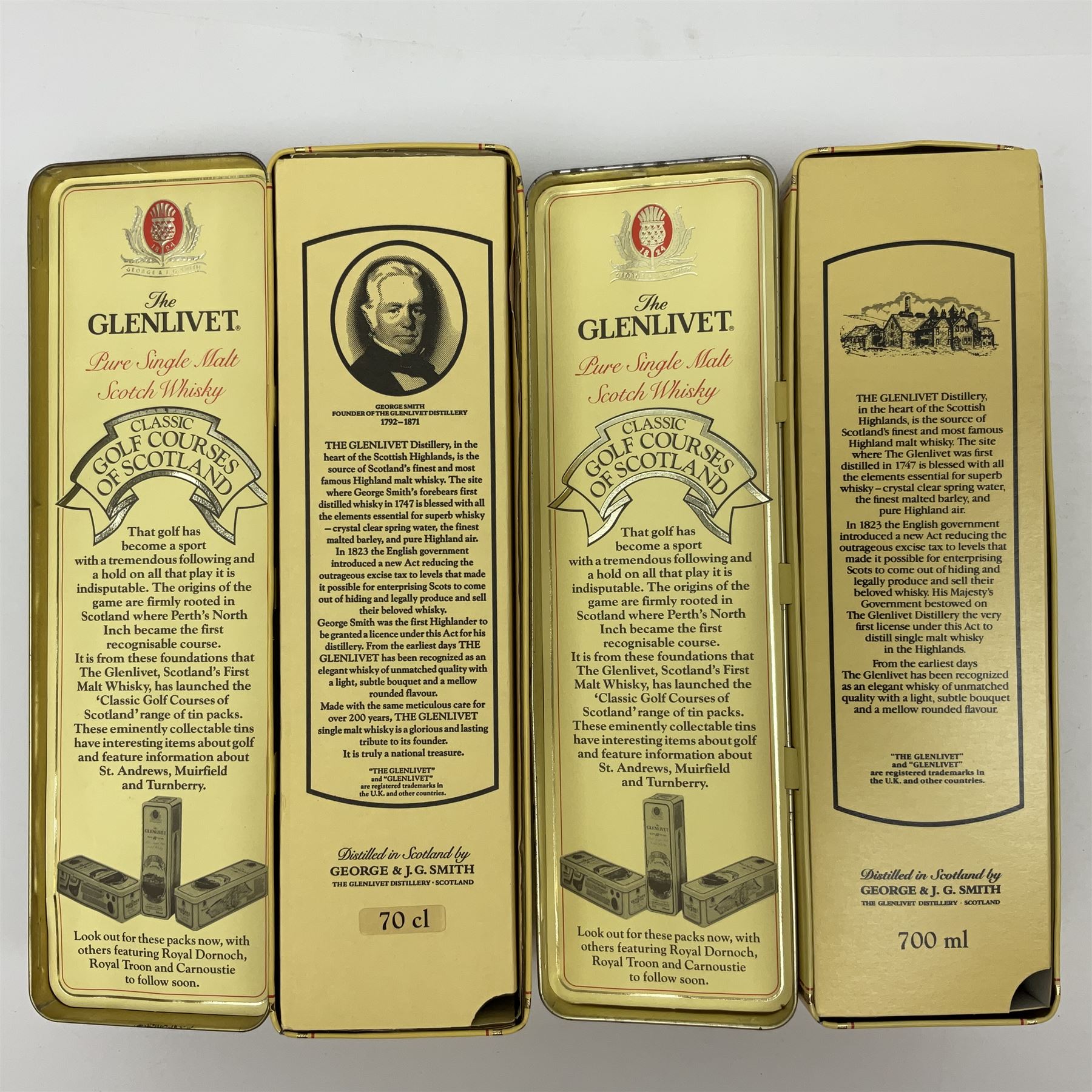 Two Glenlivet 12 year old, single malt Scotch whisky, 700ml 70% vol, each in original Classic Golf Clubs of Scotland Carnoustie presentation tin