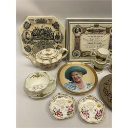 Commemorative ware to include Sampson Bridgwood Queen Victoria 1897 Jubilee teapot for Harrods, Poole limited edition Charles and Diana plaque, Regent China Edward VII moustache cup and saucer, pair of Aynsley Prince William birth mini loving cups, Pair Robert Burns Ridgways vases c1910 and other commemorative ceramics in one box