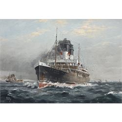 Colin Verity (British 1924-2011): 'Express Packet To Hamburg', the Great Central Railway Company steamer Immingham, oil on board signed, inscribed verso 34cm x 49cm 
Notes: Immingham, built by Swan Hunter of Wallsend and launched on 8th May 1906, was one of two 18 knot steamers commissioned by the GCR for the Grimsby-Rotterdam route, alongside Marylebone.
The ship's Parsons steam turbines were direct-drive units that proved uneconomic, and both vessels were soon rebuilt as single-screw steamships with the funnels of each reduced in number from two to one. She was requisitioned in 1915 by the Admiralty for Royal Navy use as a stores carrier and renamed HMS Immingham. She sank on 6th June 1915 after a collision with the boom defence vessel HMS Reindeer in the Mediterranean Sea, whereas Marylebone was maintained for another twenty years before being scrapped in 1938.