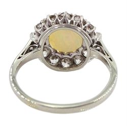 Art Deco white gold opal and old cut diamond cluster ring, stamped 18ct Plat, by Z Barraclough & Sons Ltd, total diamond weight approx 0.50 carat