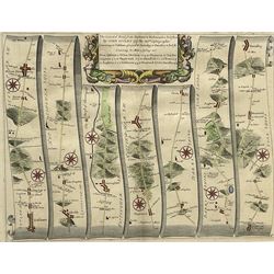 John Ogilby (British 1600-1676): 'The Extended Road from Oakham to Richmond in Yorkshire', late 17th century engraved strip map with hand colouring 35cm x 46cm