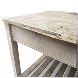 Large 19th century painted pitch pine scullery table, rectangular triple plank top fitted with single drawer, raised on square supports united by slatted under-tier