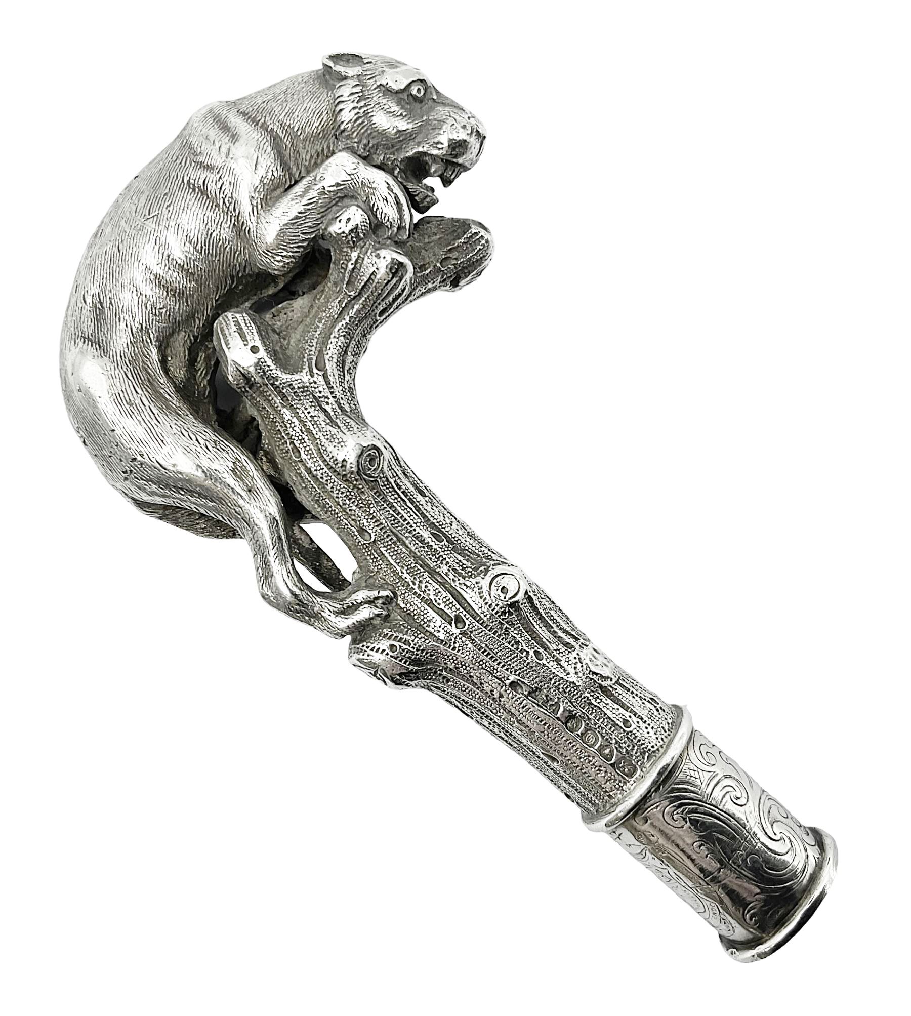 Victorian silver walking cane handle, modelled as a panther upon a tree branch, hallmarked London 1851, maker's mark worn and indistict