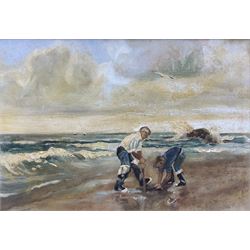 English School (Mid-20th century): Fishermen on the Beach, oil on board unsigned, inscribed verso 24cm x 35cm
