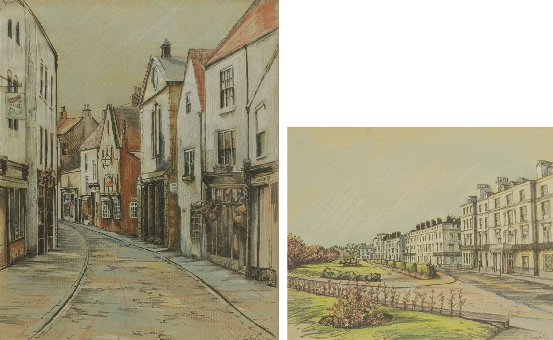Sarah Garforth (British Contemporary): 'Church Street Whitby' and 'The Crescent Filey', two pastels and ink signed, titled on the mounts, further titled and dated June '93 on labels verso 27cm x 22cm and 18cm x 23cm (2)