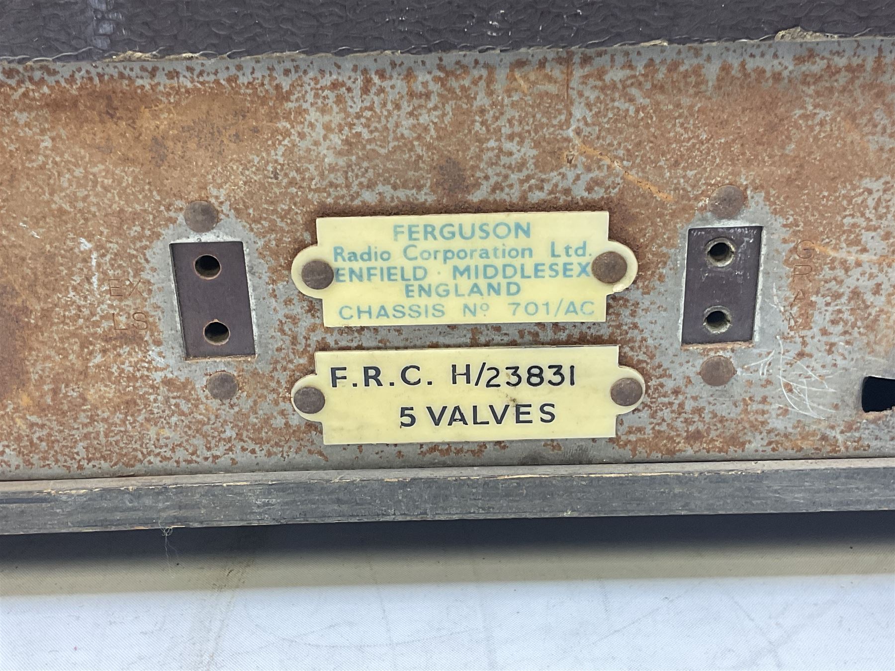 1930s Marconi model 296 valve radio, with Bakelite knobs and trim and 'M' over speaker fret, H40cm W46cm D27cm, together with 1930s Ferguson 702 valve radio with Bakelite knobs, H47cm