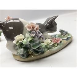 Six Lladro figures, comprising Naughty Dog no 4982, Best Friend 7620 and My Buddy no 7609, Kitty Confrontation no 1442, It Wasn't Me no 7672 and Rabbit Eating no 4772, three with original boxes, largest example H22cm