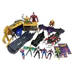 Group of early 90s Marvel/DC Comics toys; 1993 Kenner Batmobile with original Batman figure and plane; Marvel Comics Spider-Man 1994 Web of Steel series Hobgoblin Wing Bomber, incomplete Daily Bugle Playset and Scorpion; assorted figurines and later accessories 