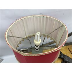 Coal bucket painted with flowers together with pair of bellows, boot scraper in the form of a beetle, wooden guillotine, composite table lamp with tassel lampshade and one other