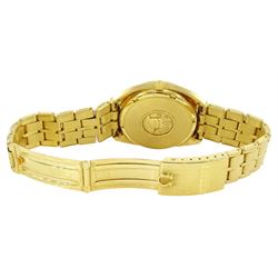 Omega Constellation gentleman's 18ct gold chronometer automatic wristwatch, Ref. 168.0057, Cal 1021, champagne dial with day / date aperture and baton hour markers, stamped 750 with Helvetia hallmark, on original 18ct gold expanding bracelet, with fold-over clasp, London import mark 1973