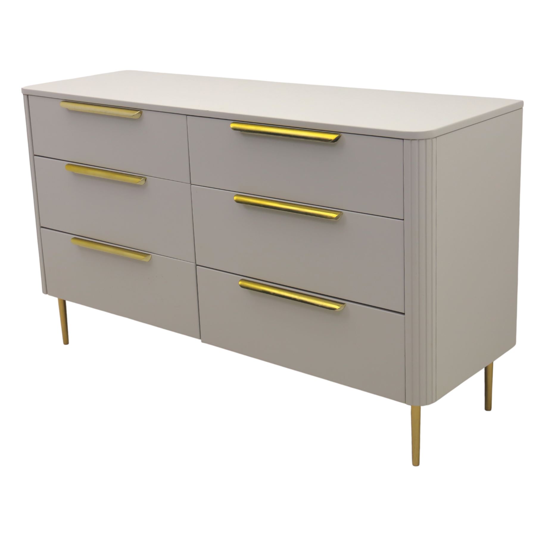 Made.com - 'Ebro' grey six drawer chest, gold painted metal shaped handles, rounded corners with fluted detail, raised on gold painted metal tapered supports