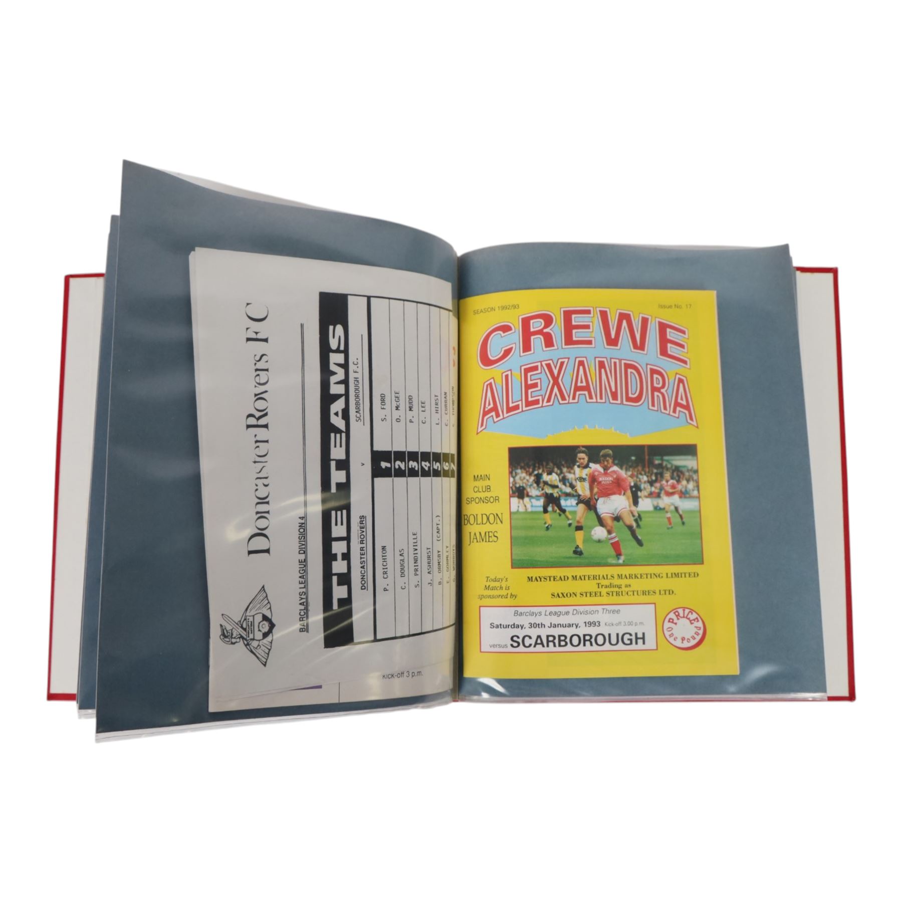 Comprehensive collection of approximately one hundred and seventy Scarborough FC football programmes for the 1990/91, 1991/92 and 1992/93  seasons, all filed within six dedicated Scarborough FC red Home and Away binders